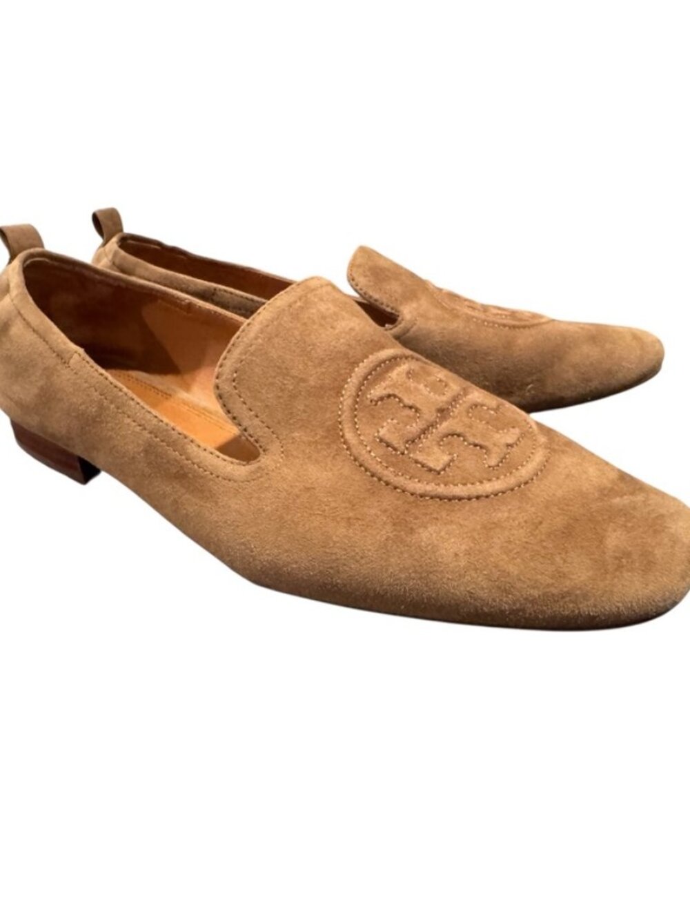 Tory Burch Weston Suede Loafers 8.5 Tan Medallion Logo Preppy Classic